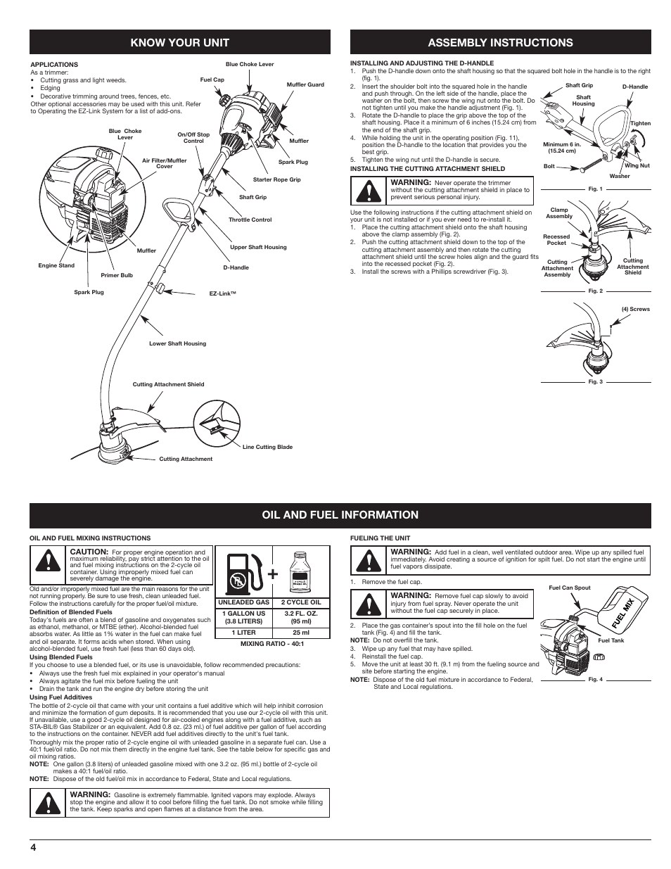 Know your unit, Assembly instructions oil and fuel information | MTD WH25CS User Manual | Page 4 / 28