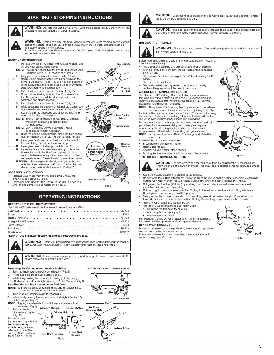 Starting / stopping instructions, Operating instructions | MTD WH25CS User Manual | Page 5 / 28