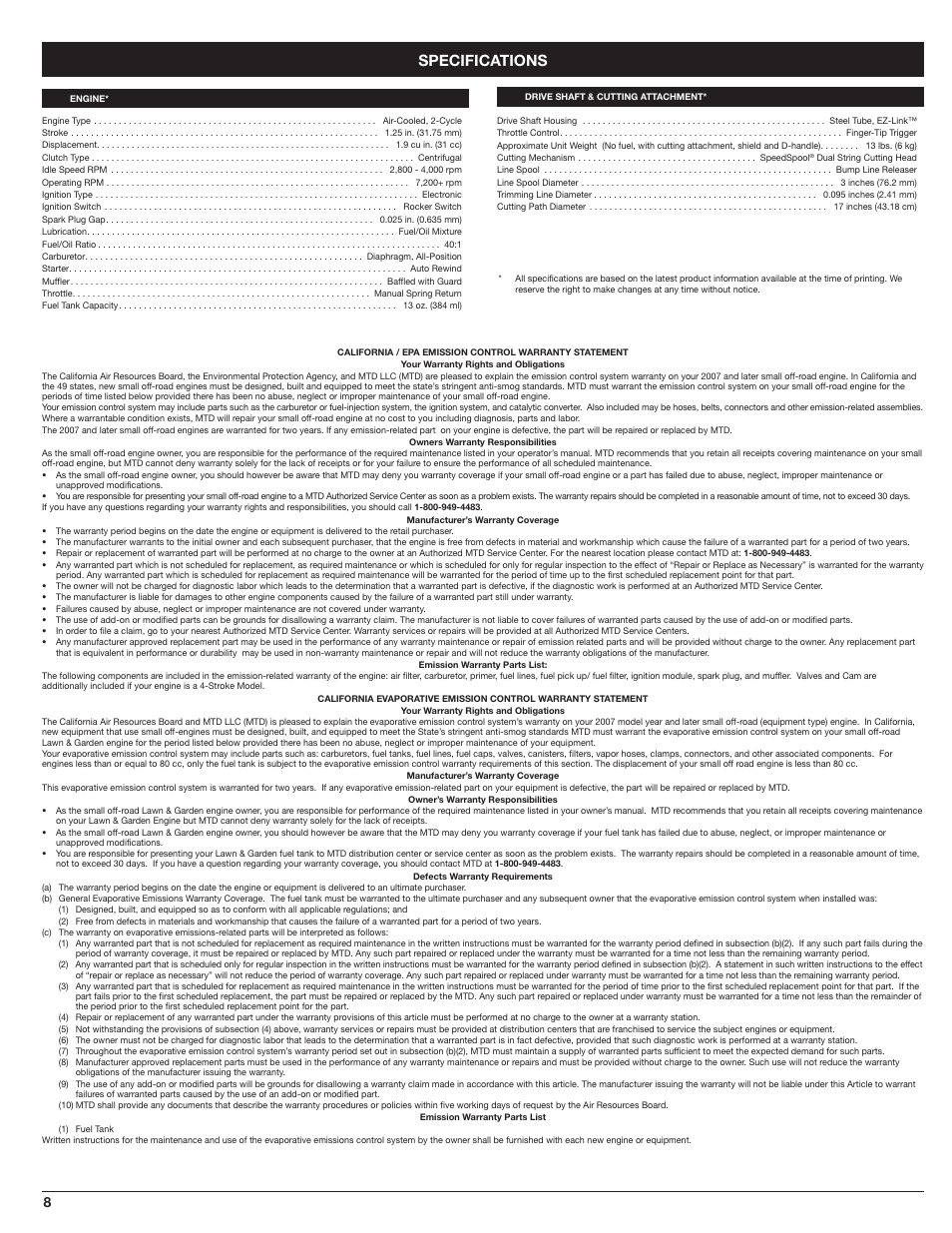 Specifications | MTD WH25CS User Manual | Page 8 / 28