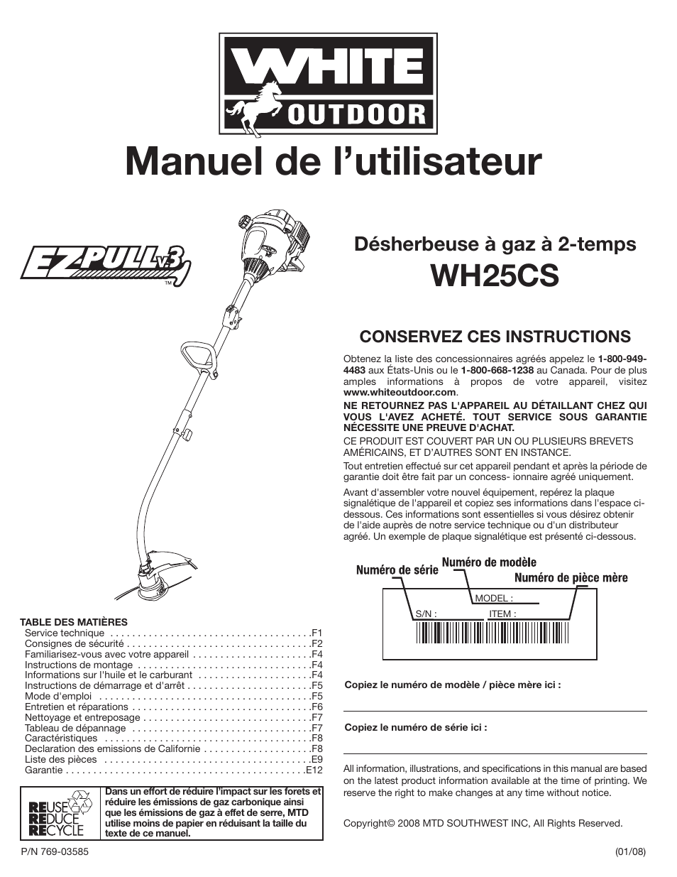 Manuel de l’utilisateur, Wh25cs, Désherbeuse à gaz à 2-temps | Conservez ces instructions | MTD WH25CS User Manual | Page 9 / 28