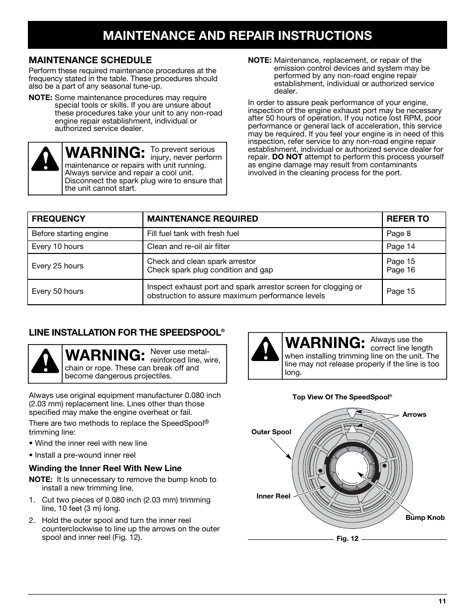 Warning, Maintenance and repair instructions | MTD MT705 User Manual | Page 11 / 64