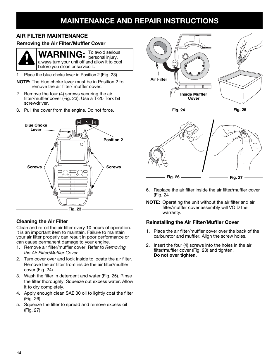 Warning, Maintenance and repair instructions | MTD MT705 User Manual | Page 14 / 64