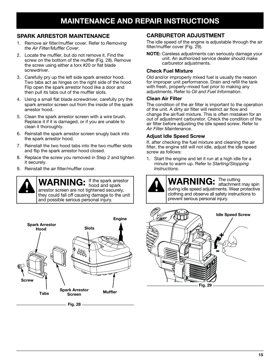 Warning, Maintenance and repair instructions | MTD MT705 User Manual | Page 15 / 64