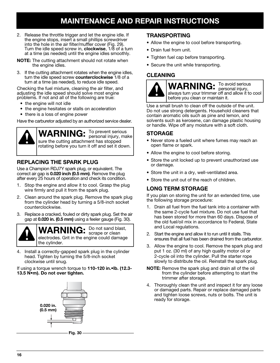 Warning, Maintenance and repair instructions | MTD MT705 User Manual | Page 16 / 64