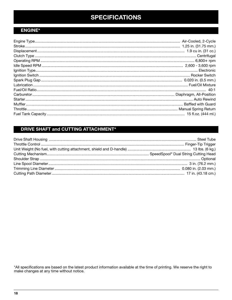 Specifications | MTD MT705 User Manual | Page 18 / 64