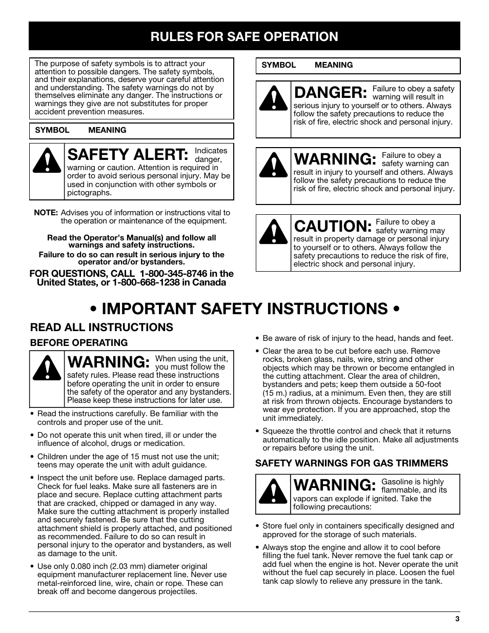 Warning: • important safety instructions, Warning, Danger | Caution, Safety alert, Rules for safe operation, Read all instructions | MTD MT705 User Manual | Page 3 / 64