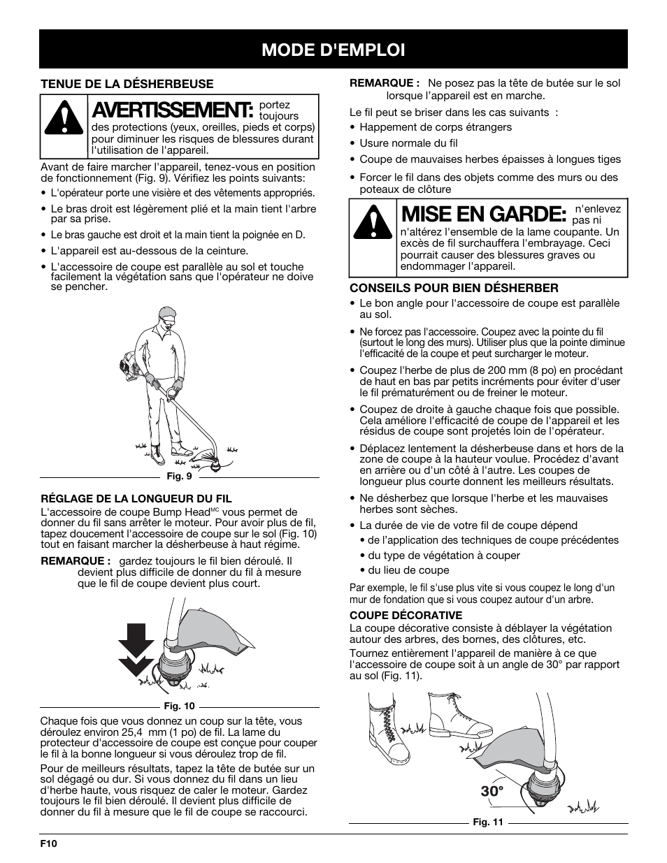 Mise en garde, Avertissement, Mode d'emploi | MTD MT705 User Manual | Page 30 / 64