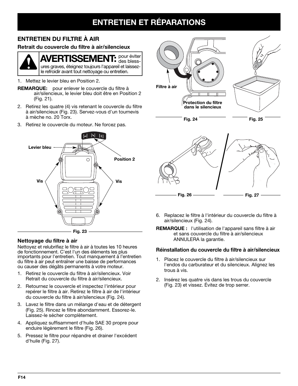 Avertissement, Entretien et réparations | MTD MT705 User Manual | Page 34 / 64