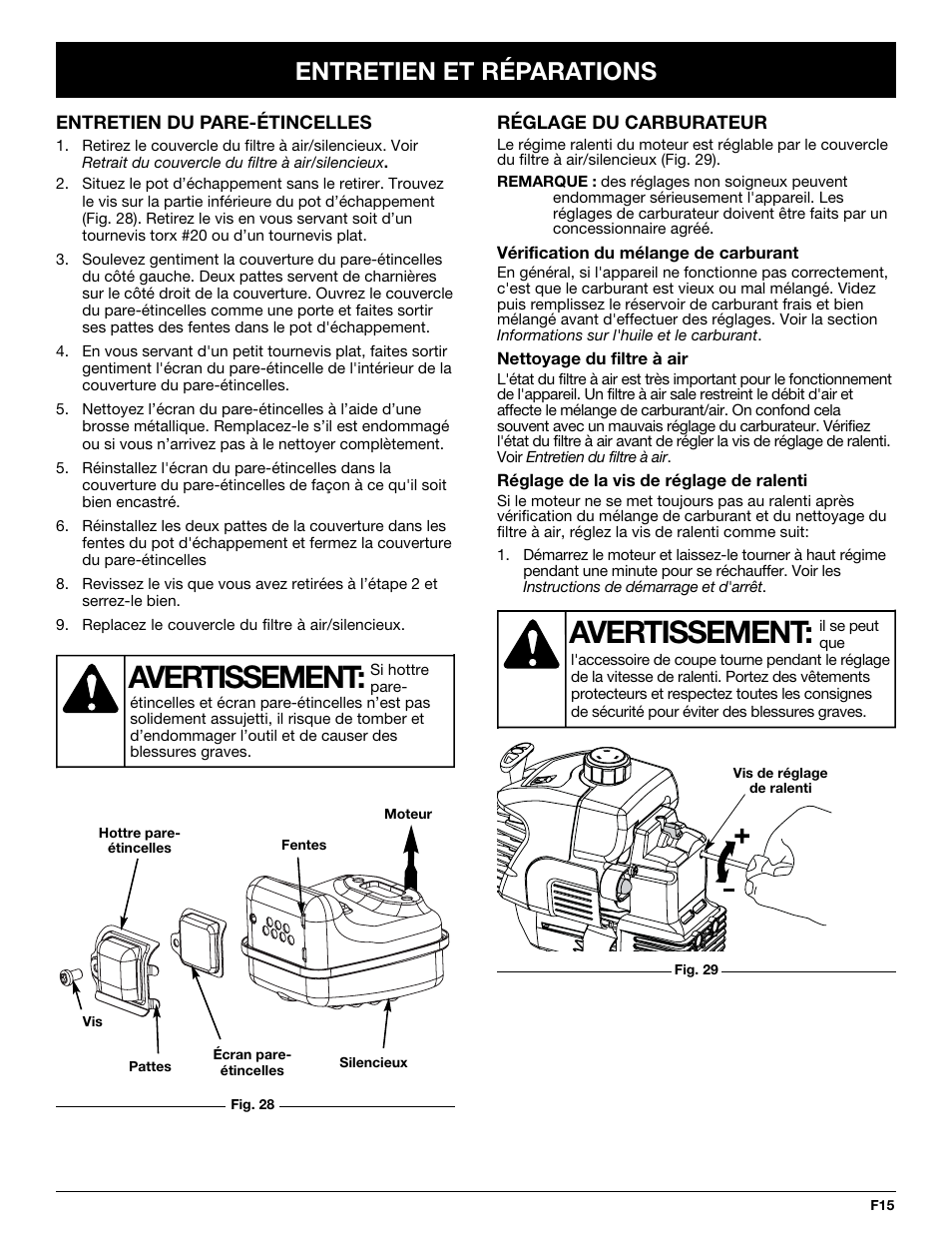 Avertissement, Entretien et réparations | MTD MT705 User Manual | Page 35 / 64