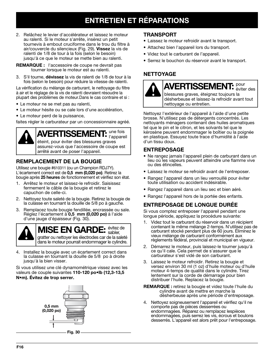 Avertissement, Mise en garde, Entretien et réparations | MTD MT705 User Manual | Page 36 / 64