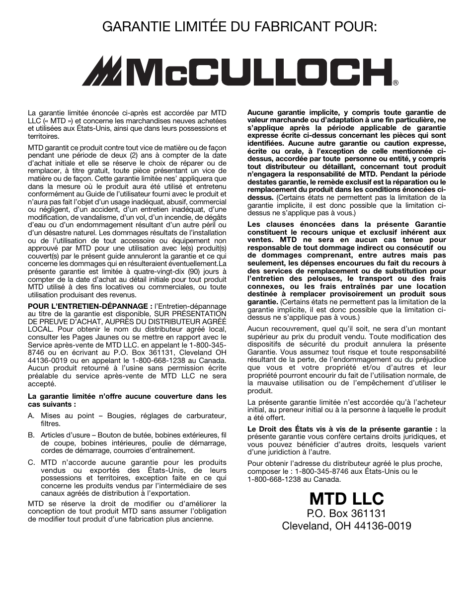 Mtd llc, Garantie limitée du fabricant pour | MTD MT705 User Manual | Page 40 / 64