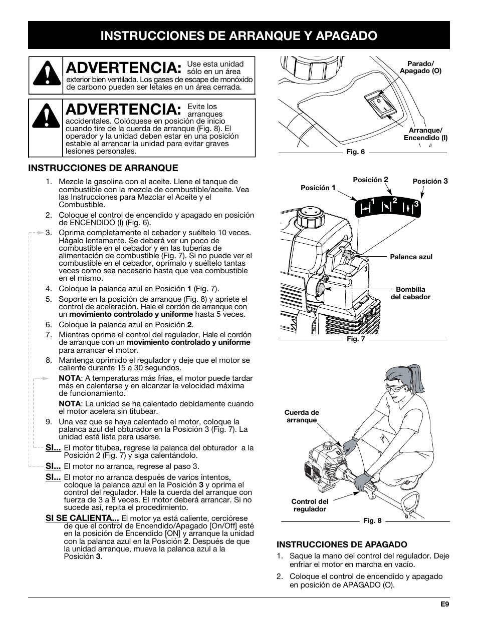 Advertencia, Instrucciones de arranque y apagado | MTD MT705 User Manual | Page 49 / 64