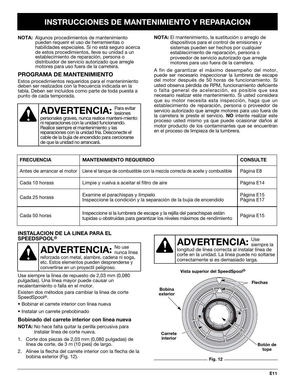 Advertencia, Instrucciones de mantenimiento y reparacion | MTD MT705 User Manual | Page 51 / 64