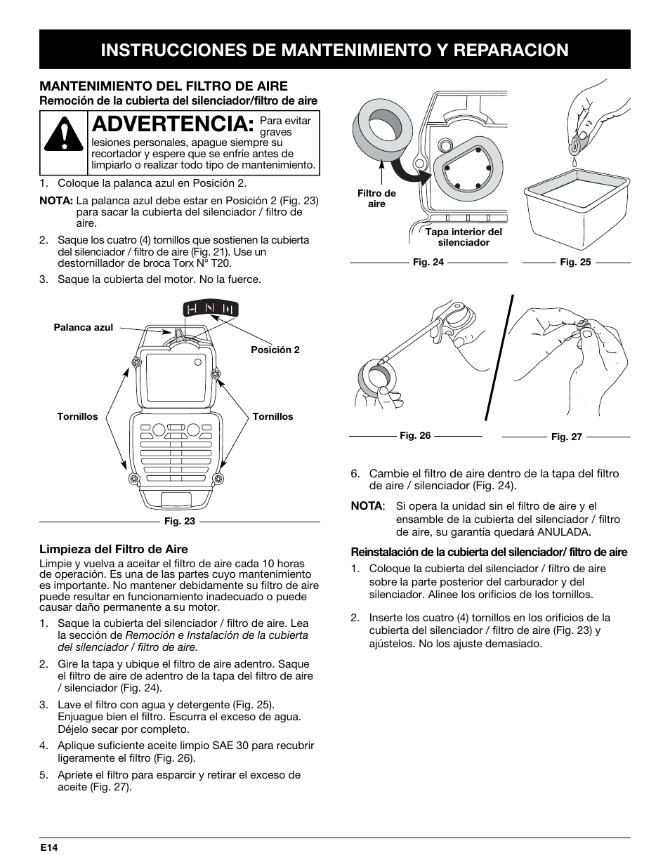 Advertencia, Instrucciones de mantenimiento y reparacion | MTD MT705 User Manual | Page 54 / 64