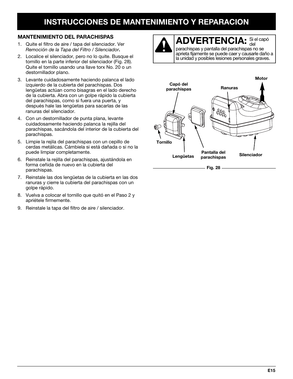 Advertencia, Instrucciones de mantenimiento y reparacion | MTD MT705 User Manual | Page 55 / 64