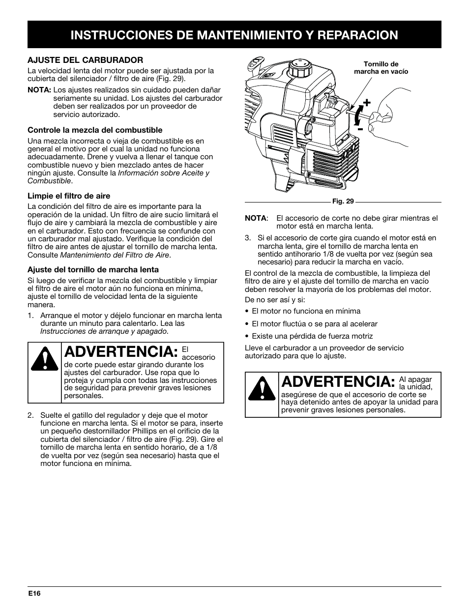 Advertencia, Instrucciones de mantenimiento y reparacion | MTD MT705 User Manual | Page 56 / 64