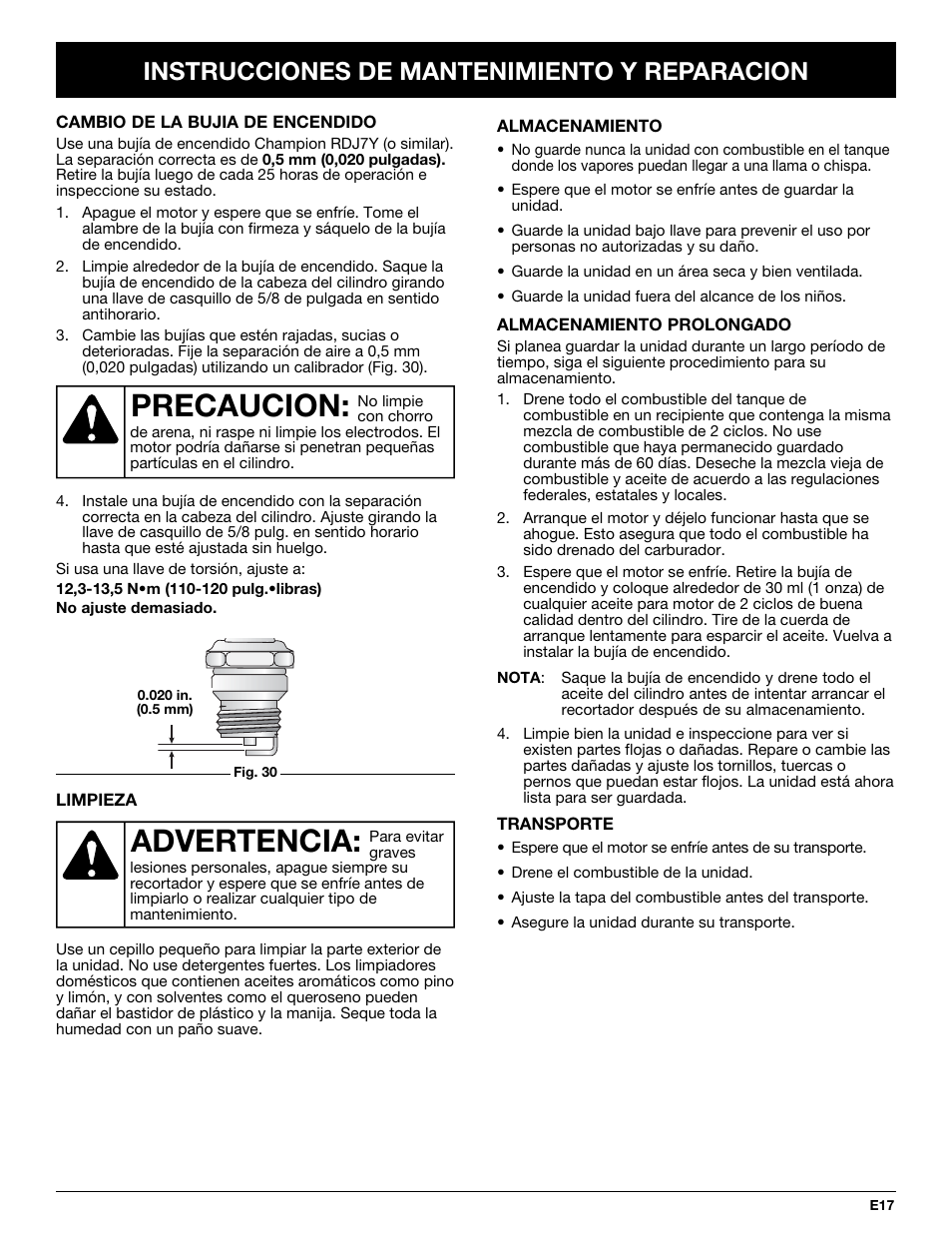 Advertencia, Precaucion, Instrucciones de mantenimiento y reparacion | MTD MT705 User Manual | Page 57 / 64