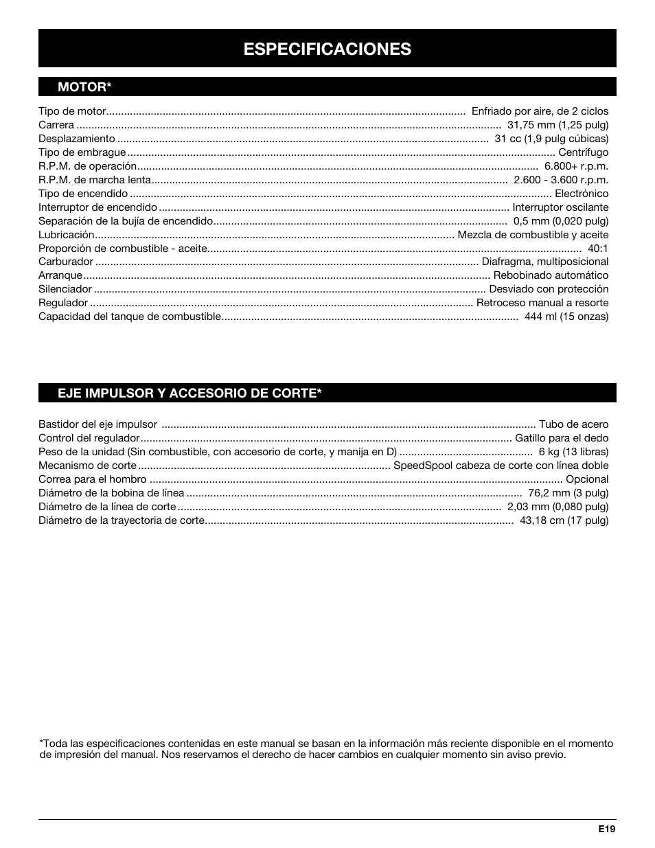 Especificaciones | MTD MT705 User Manual | Page 59 / 64