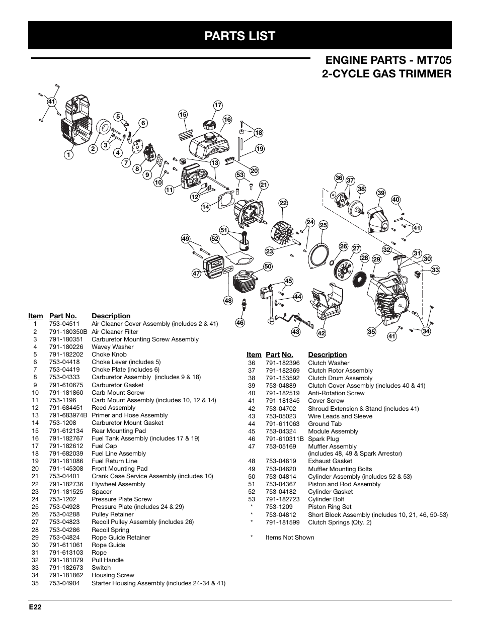 Parts list, Engine parts - mt705 2-cycle gas trimmer | MTD MT705 User Manual | Page 62 / 64