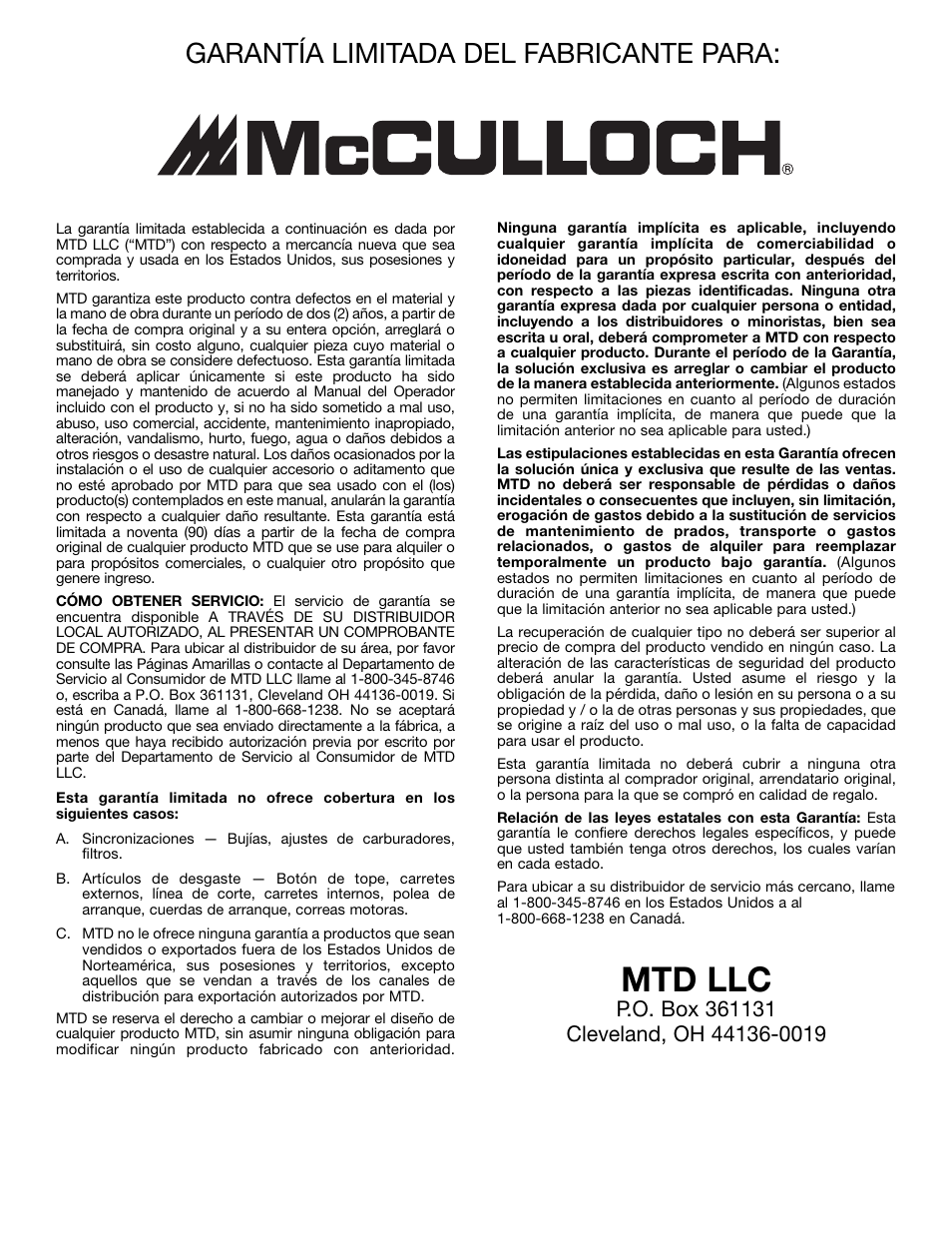 Mtd llc, Garantía limitada del fabricante para | MTD MT705 User Manual | Page 64 / 64