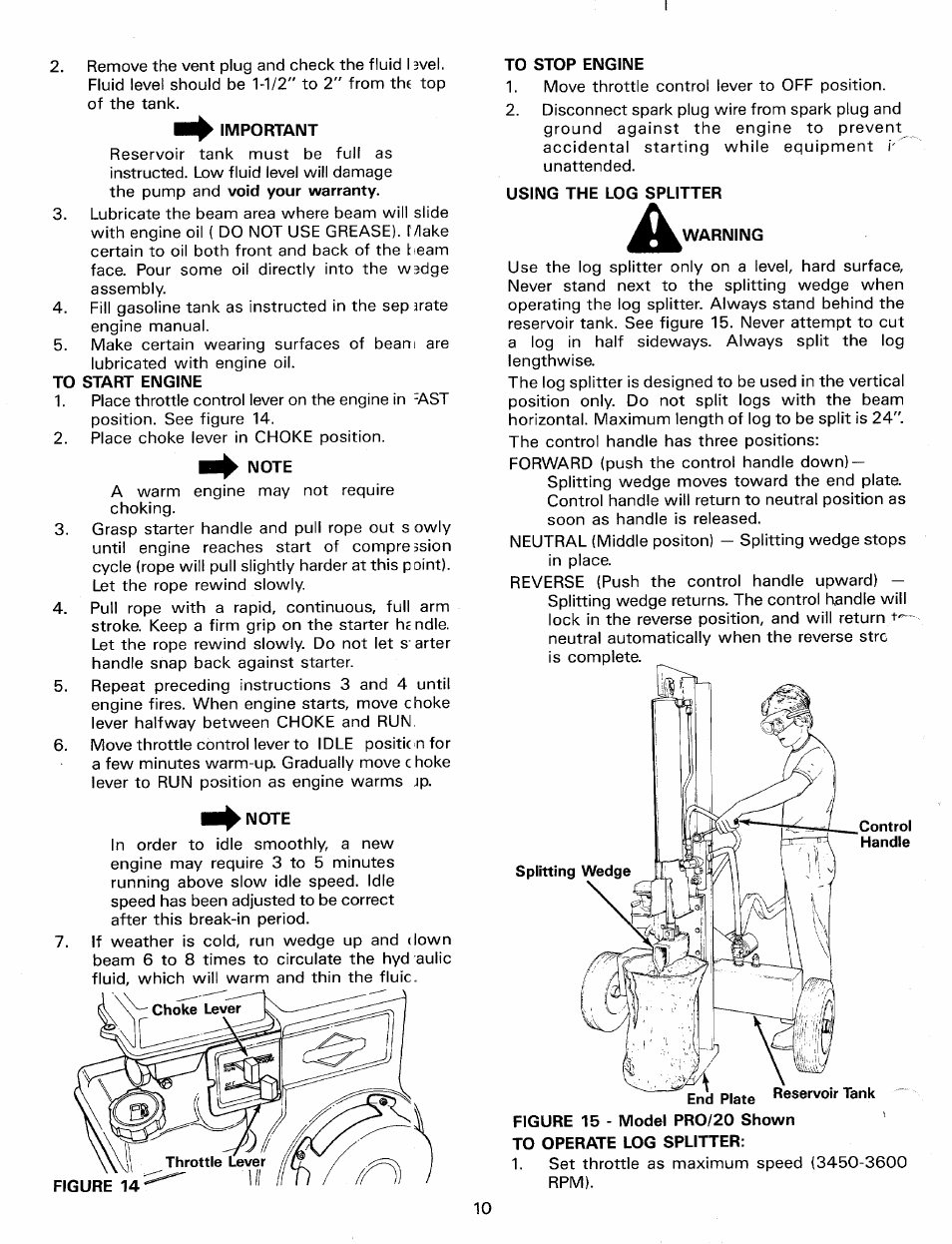 Important, To start engine, Note | To stop engine, Using the log splitter | MTD Duerr 248-623-003 User Manual | Page 10 / 16