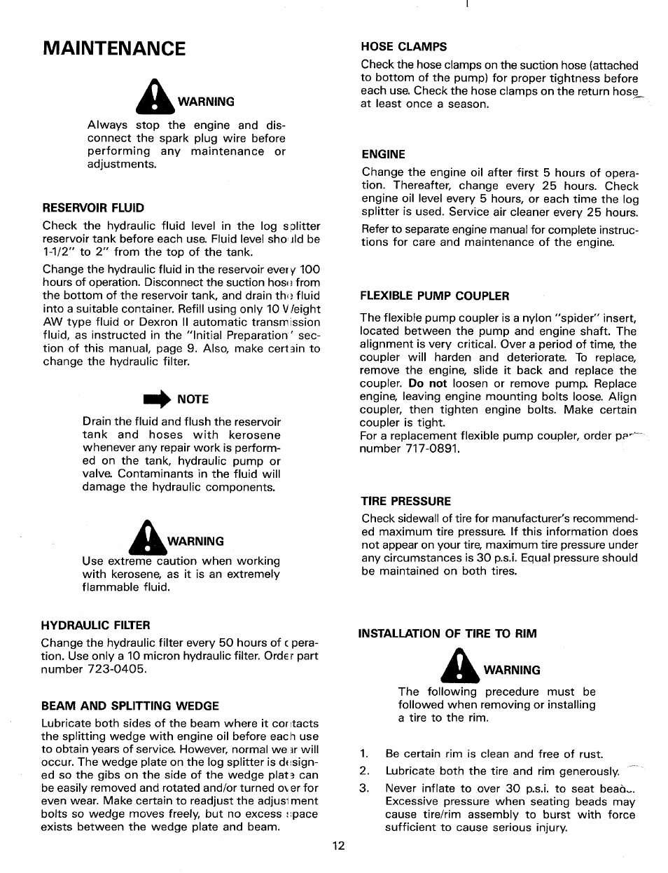Reservoir fluid, Note, Warning | Engine, Flexible pump coupler, Tire pressure, Hydraulic filter, Beam and splitting wedge, Installation of tire to rim, Maintenance | MTD Duerr 248-623-003 User Manual | Page 12 / 16
