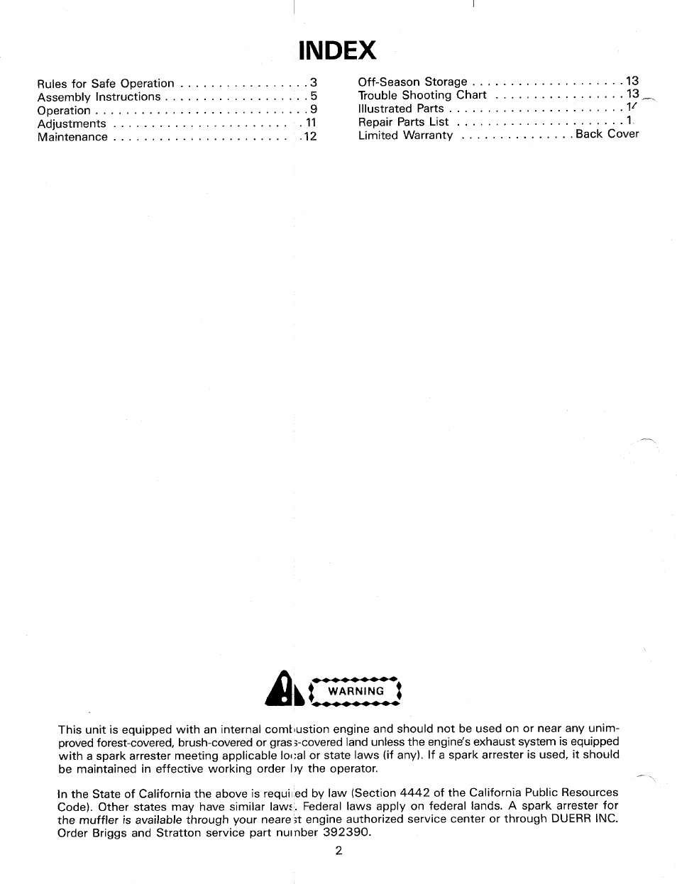 Index | MTD Duerr 248-623-003 User Manual | Page 2 / 16