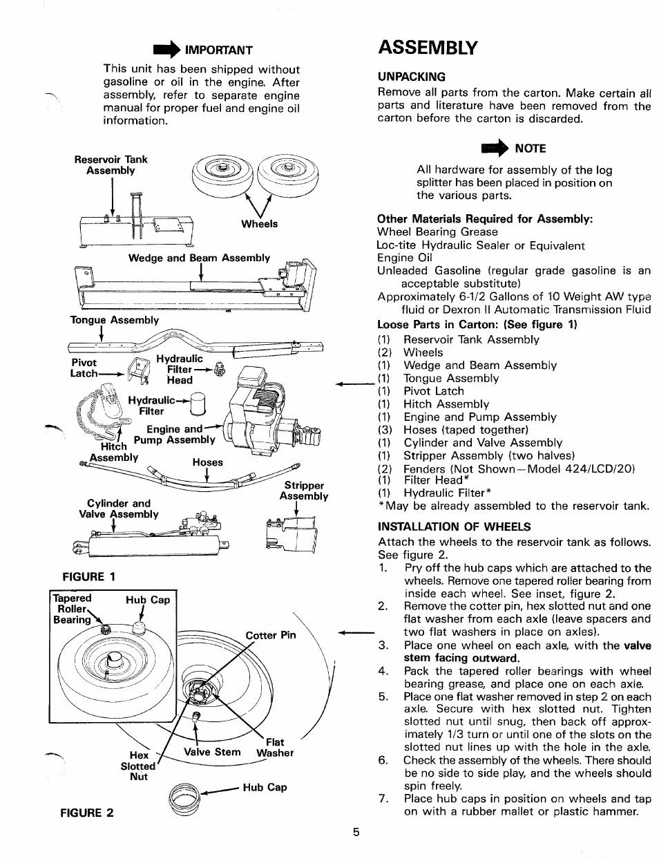 Unpacking, Note, Other materials required for assembly | Installation of wheels, Assembly | MTD Duerr 248-623-003 User Manual | Page 5 / 16
