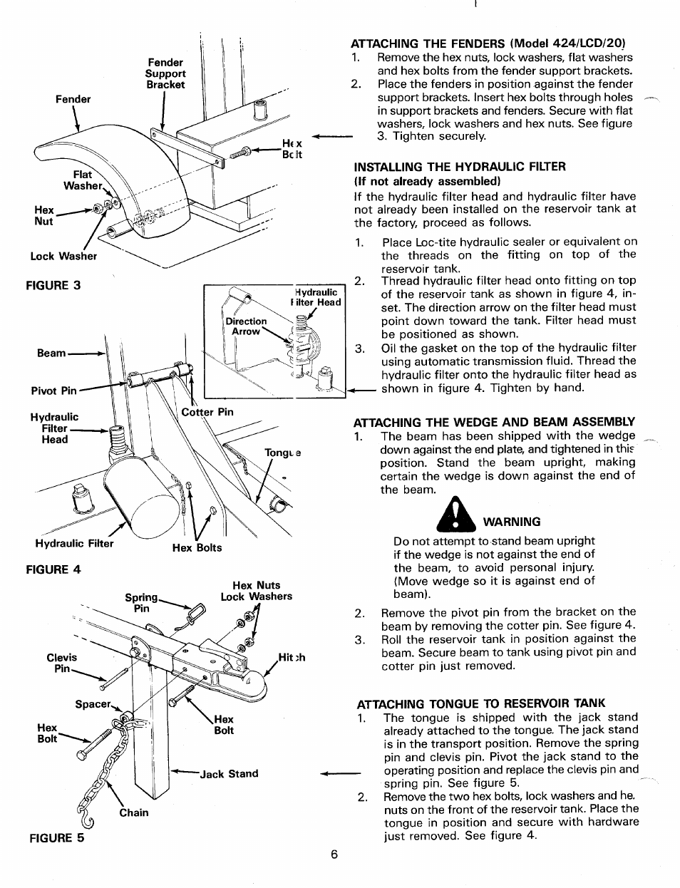 Attaching the fenders (model 424/lcd/20), Attaching the wedge and beam assembly, Attaching tongue to reservoir tank | MTD Duerr 248-623-003 User Manual | Page 6 / 16