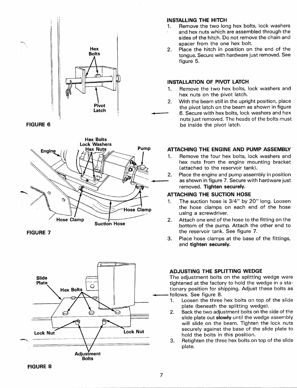 Installing the hitch, Installation of pivot latch, Attaching the engine and pump assembly | Attaching the suction hose, Adjusting the splitting wedge | MTD Duerr 248-623-003 User Manual | Page 7 / 16