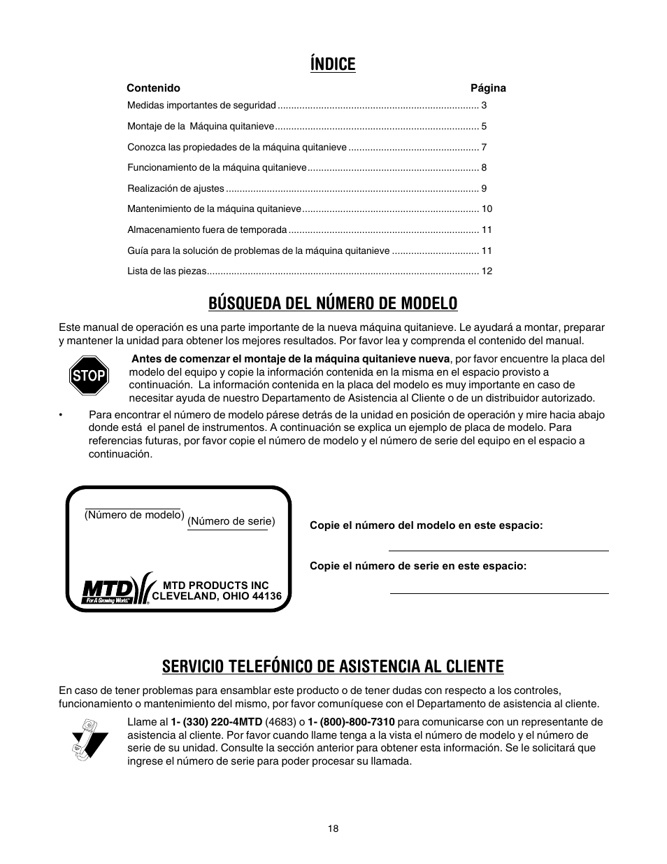 Índice, Búsqueda del número de modelo, Servicio telefónico de asistencia al cliente | MTD 150 User Manual | Page 18 / 32