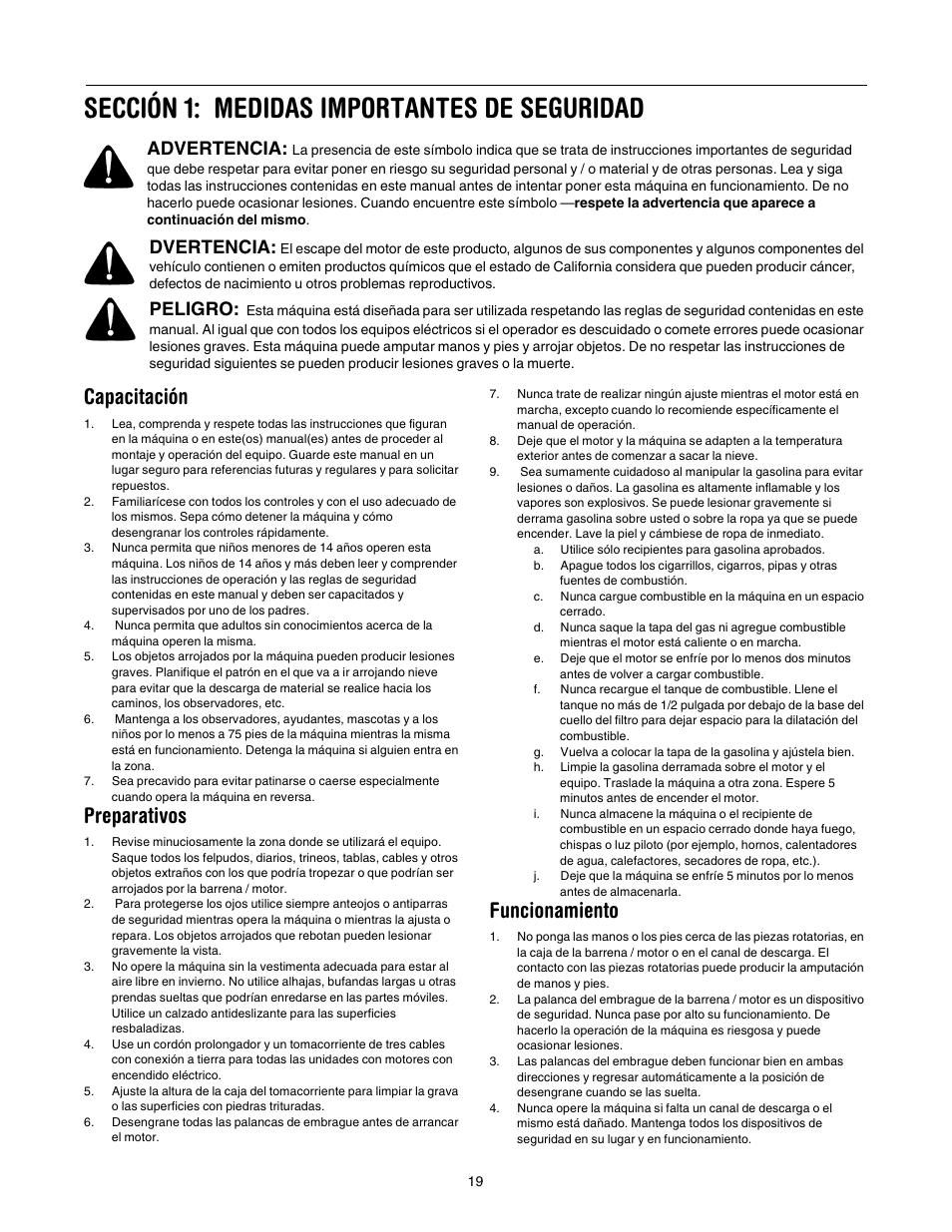 Sección 1: medidas importantes de seguridad, Capacitación, Preparativos | Funcionamiento, Advertencia, Dvertencia, Peligro | MTD 150 User Manual | Page 19 / 32