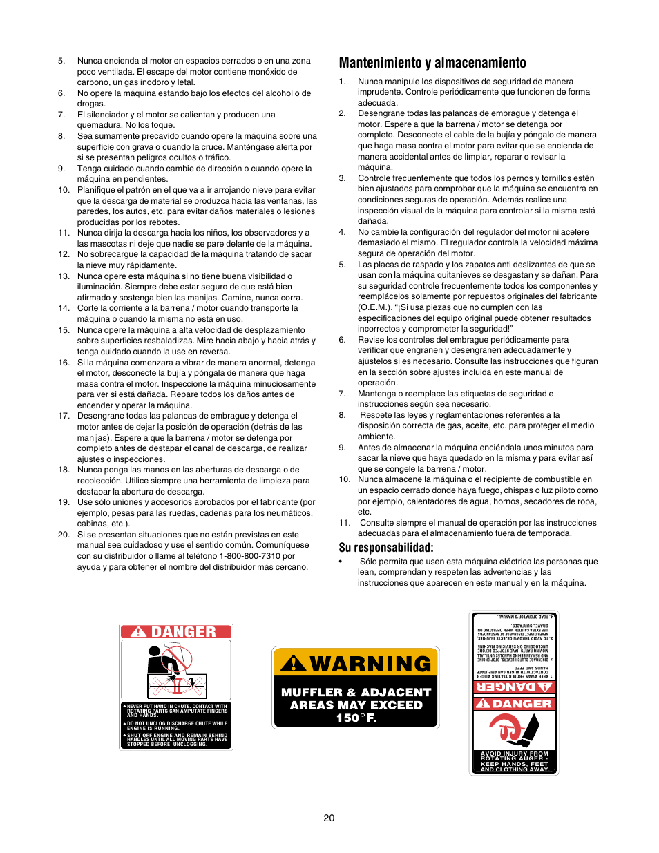 Mantenimiento y almacenamiento, Danger, Su responsabilidad | MTD 150 User Manual | Page 20 / 32