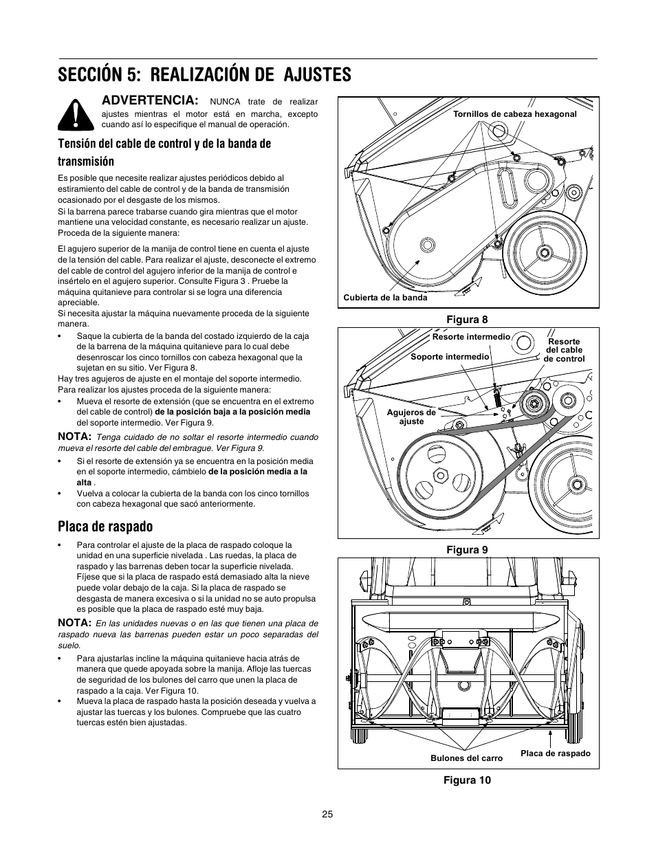 Sección 5: realización de ajustes, Placa de raspado, Advertencia | MTD 150 User Manual | Page 25 / 32