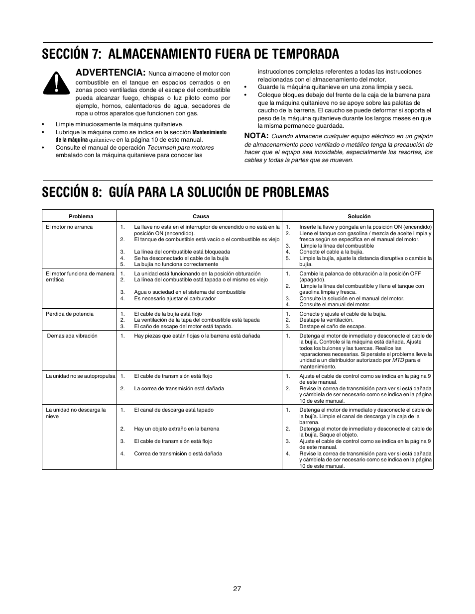 Sección 7: almacenamiento fuera de temporada, Sección 8: guía para la solución de problemas, Advertencia | Nota | MTD 150 User Manual | Page 27 / 32