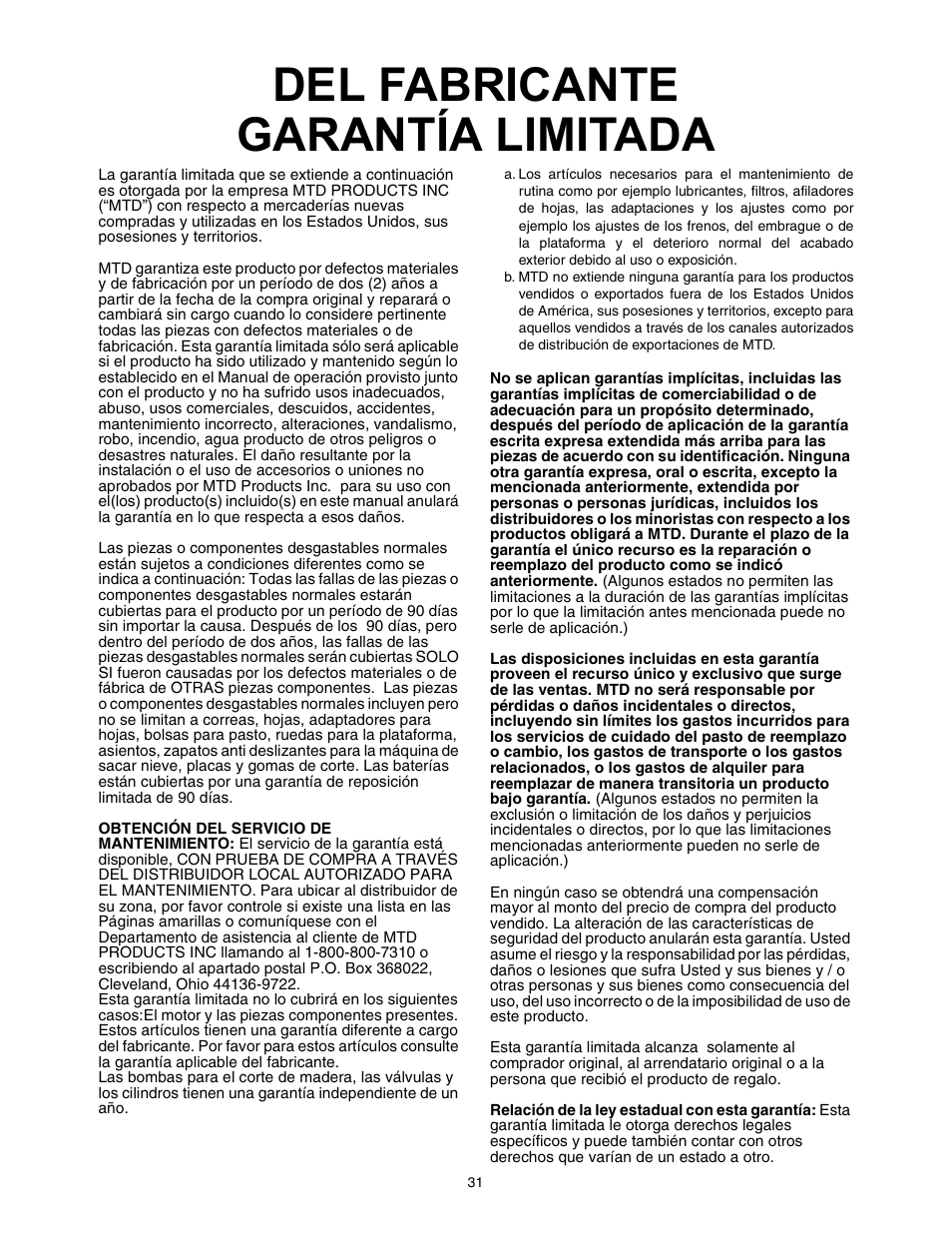 Del fabricante garantía limitada | MTD 150 User Manual | Page 31 / 32