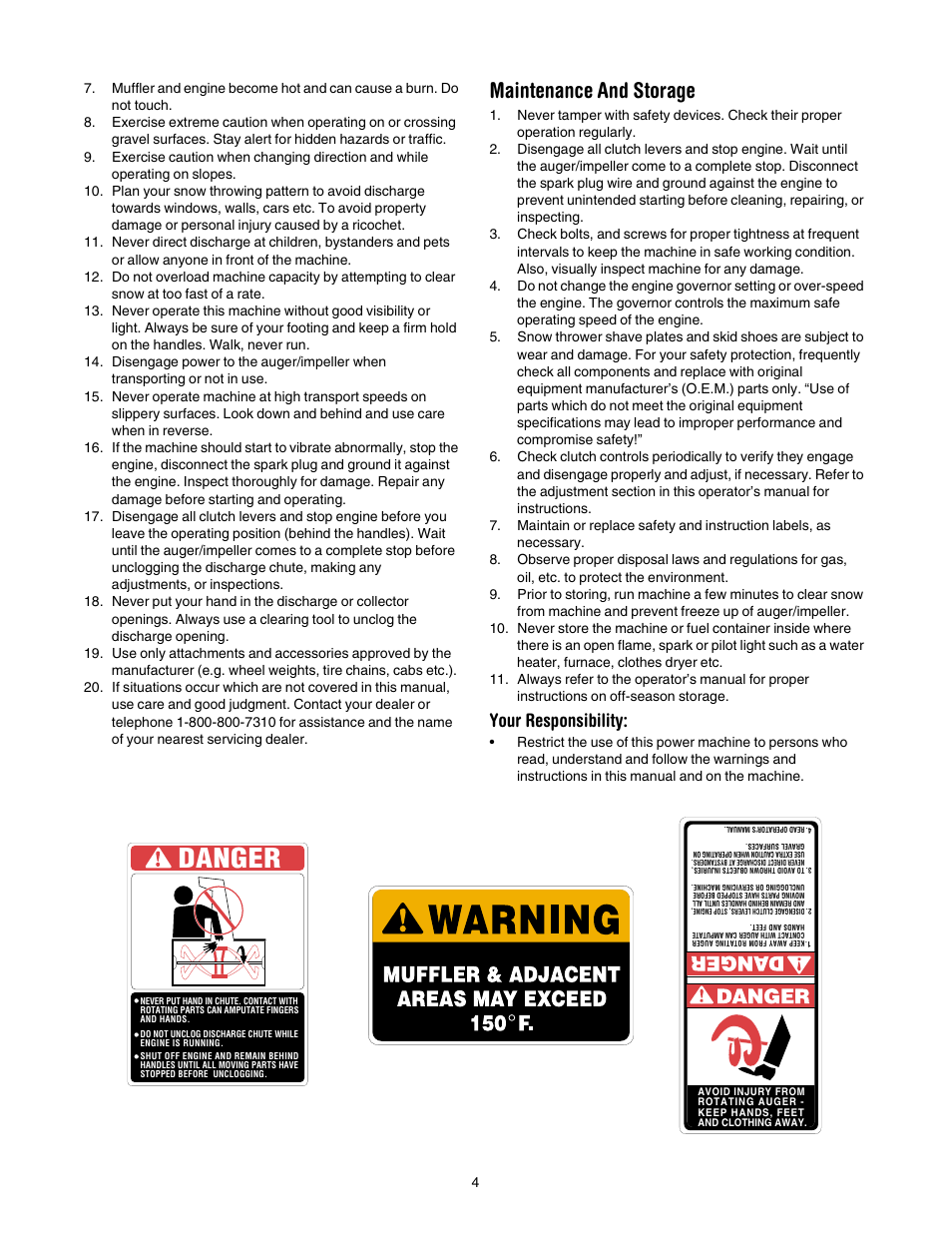 Danger, Maintenance and storage, Your responsibility | MTD 150 User Manual | Page 4 / 32