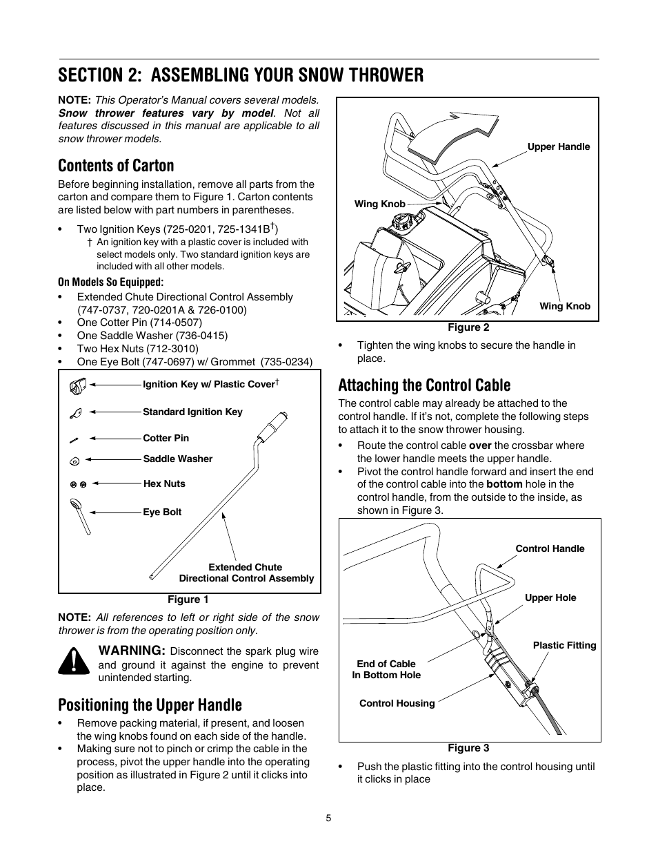 Contents of carton, Positioning the upper handle, Attaching the control cable | MTD 150 User Manual | Page 5 / 32