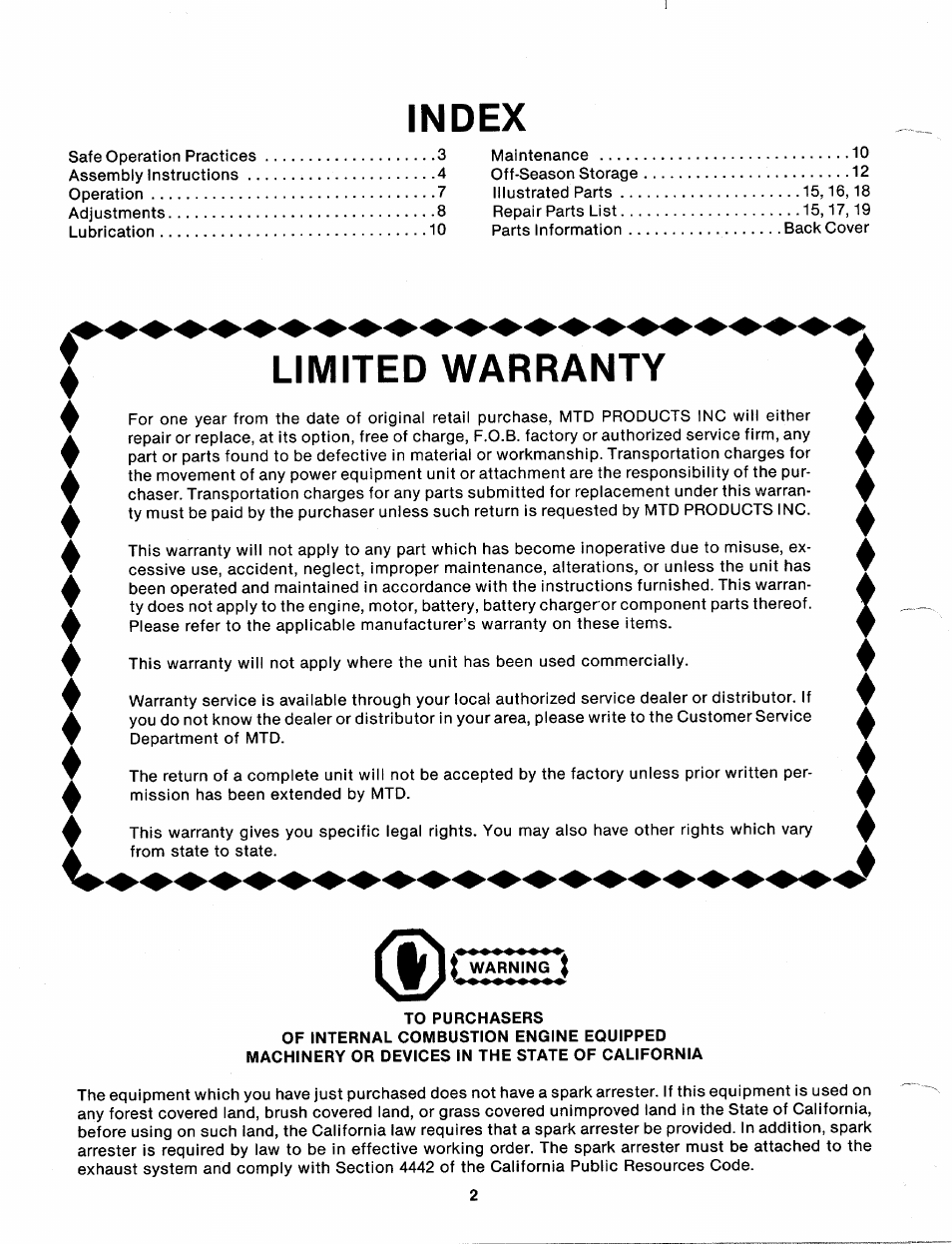 Index, Limited warranty | MTD 112-530A User Manual | Page 2 / 20