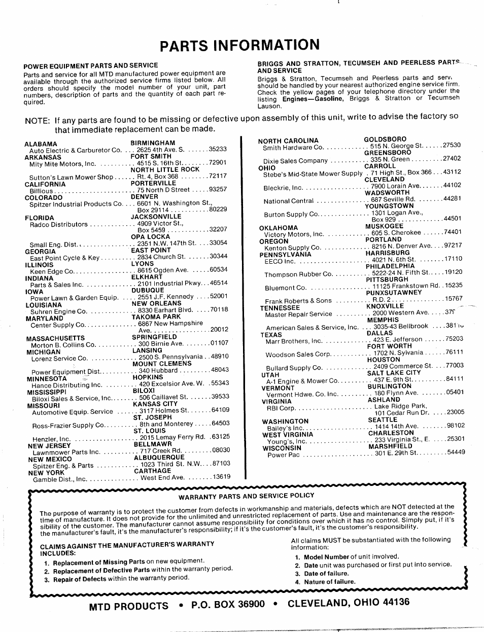 Parts information | MTD 112-530A User Manual | Page 20 / 20