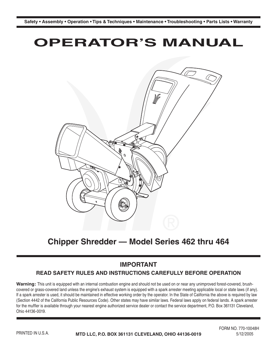 MTD 462 thru 464 User Manual | 20 pages