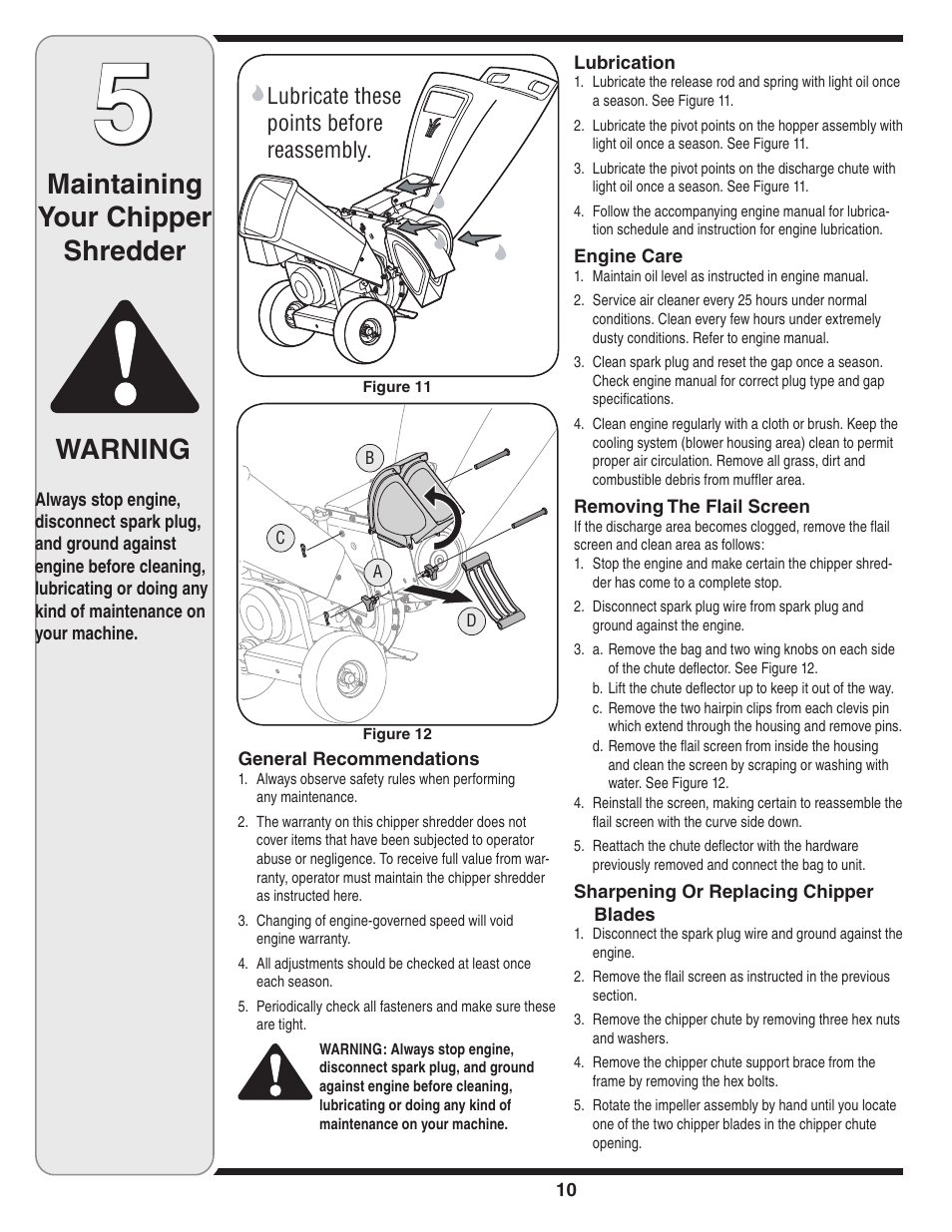 Maintaining your chipper shredder warning | MTD 462 thru 464 User Manual | Page 10 / 20