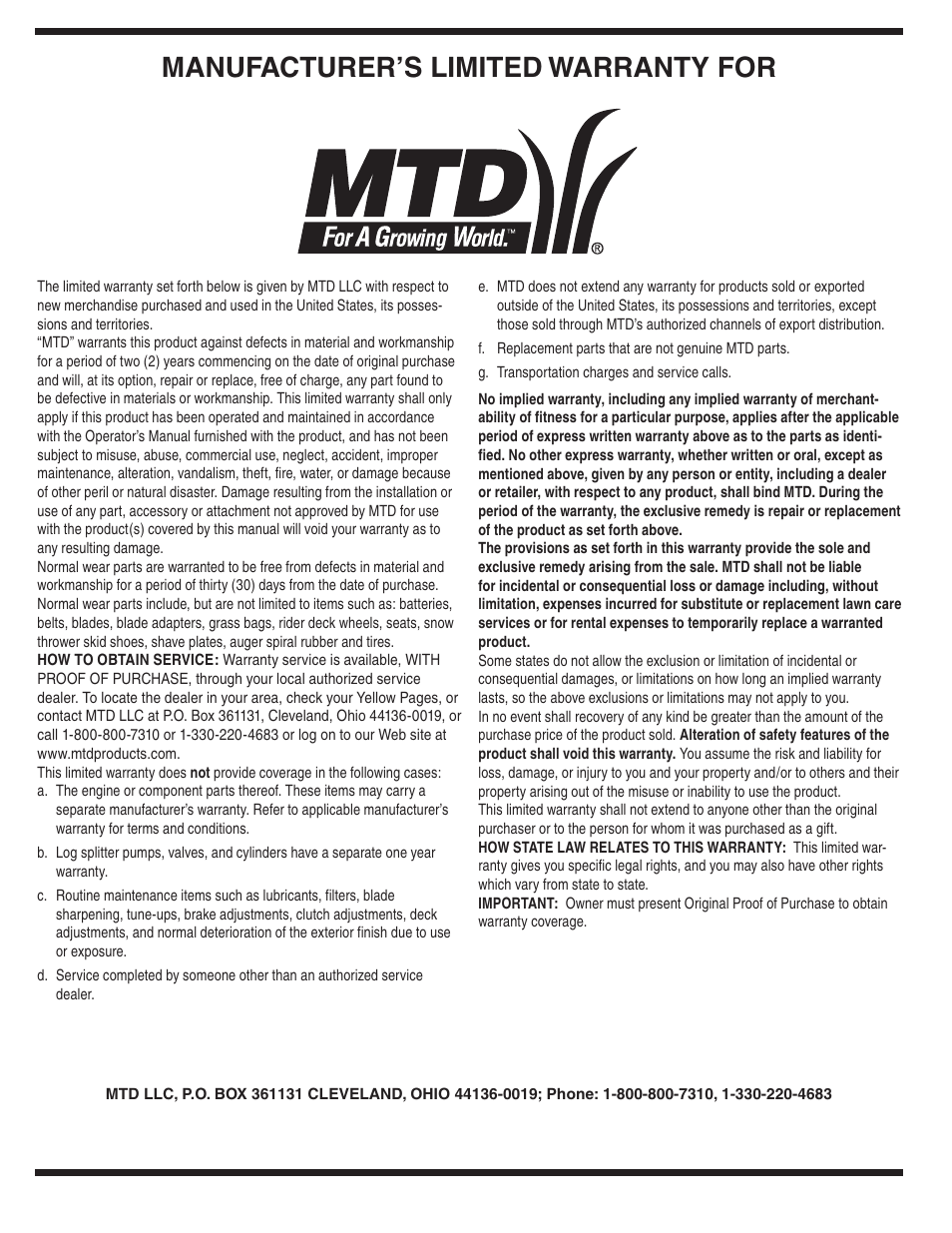 Manufacturer’s limited warranty for | MTD 462 thru 464 User Manual | Page 20 / 20