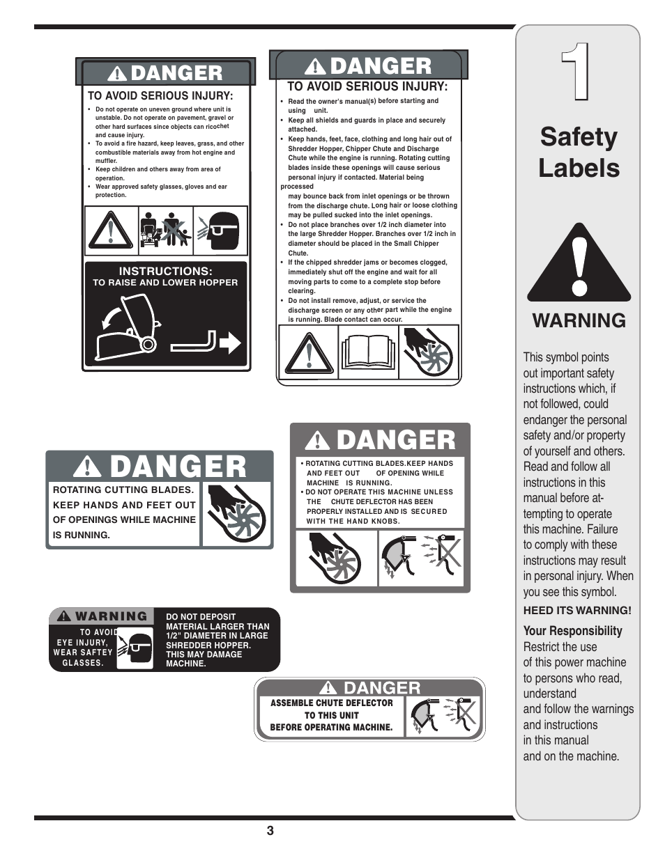 Safety labels, Warning | MTD 462 thru 464 User Manual | Page 3 / 20