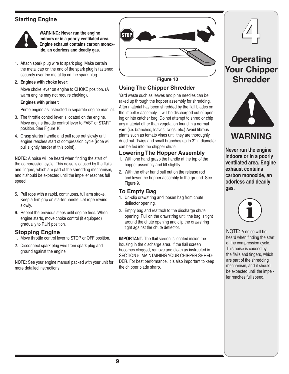 Warning, Operating your chipper shredder | MTD 462 thru 464 User Manual | Page 9 / 20