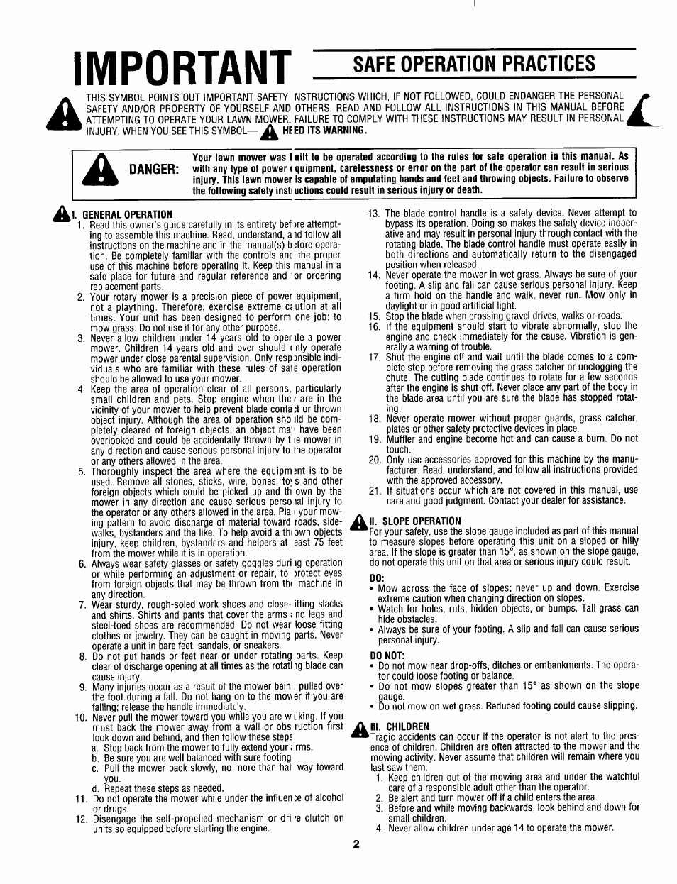 Important, Safe operation practices | MTD 070 Thru 088 User Manual | Page 2 / 12