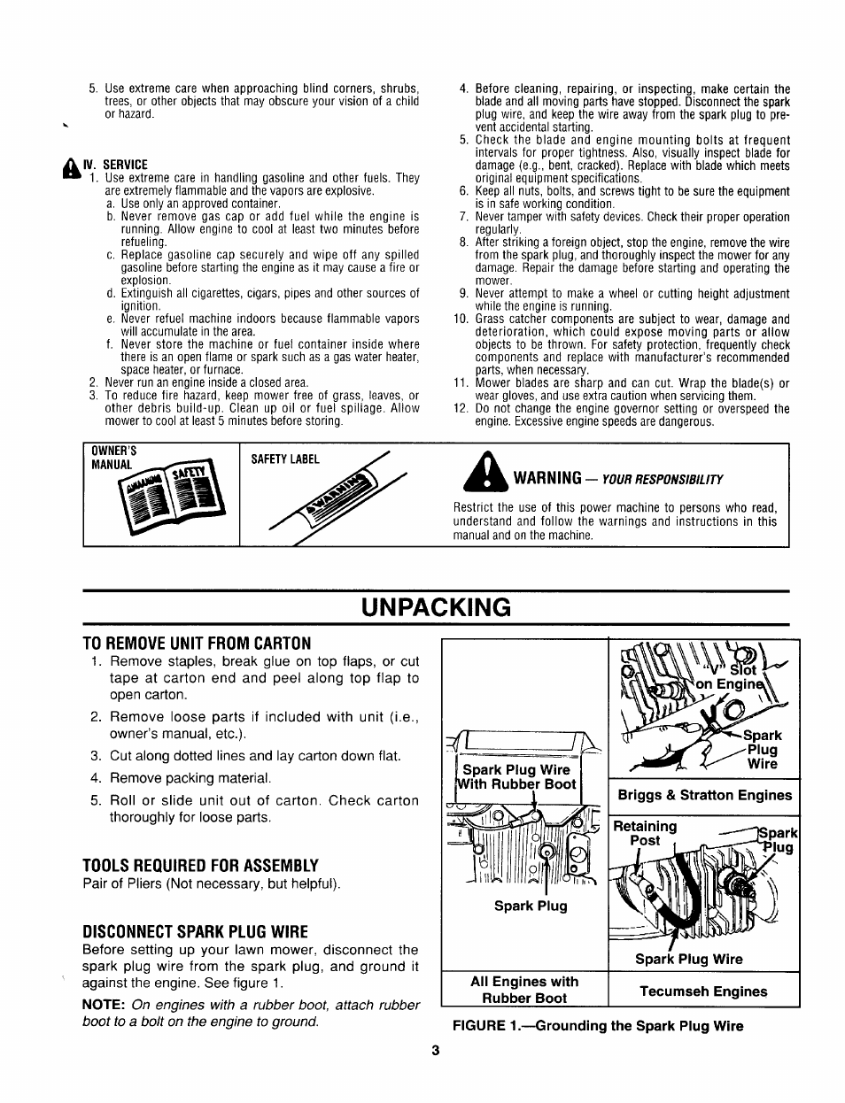 To remove unit from carton, Tools required for assembly, Disconnect spark plug wire | Unpacking | MTD 070 Thru 088 User Manual | Page 3 / 12