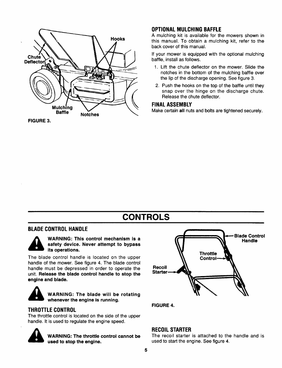 Optional mulching baffle, Final assembly, Blade control handle | Throhle control, Recoil starter, Controls | MTD 070 Thru 088 User Manual | Page 5 / 12