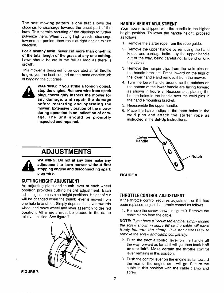 Cutting height adjustment, Handle height adjustment, Throttle control adjustment | Adjustments | MTD 070 Thru 088 User Manual | Page 7 / 12