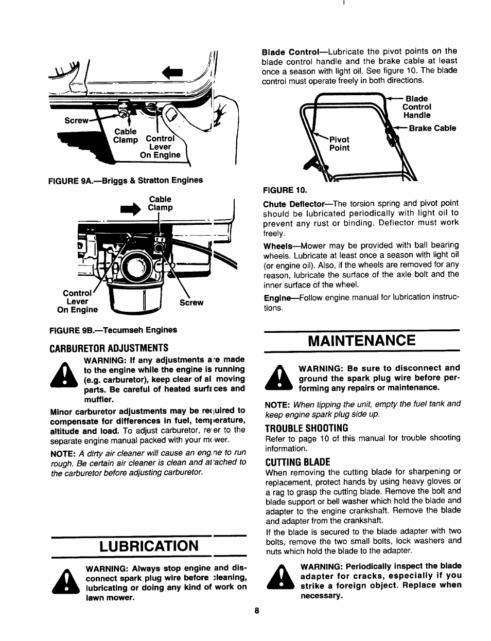 Carburetor adjustments, Trouble shooting, Cuning blade | Lubrication, Maintenance | MTD 070 Thru 088 User Manual | Page 8 / 12